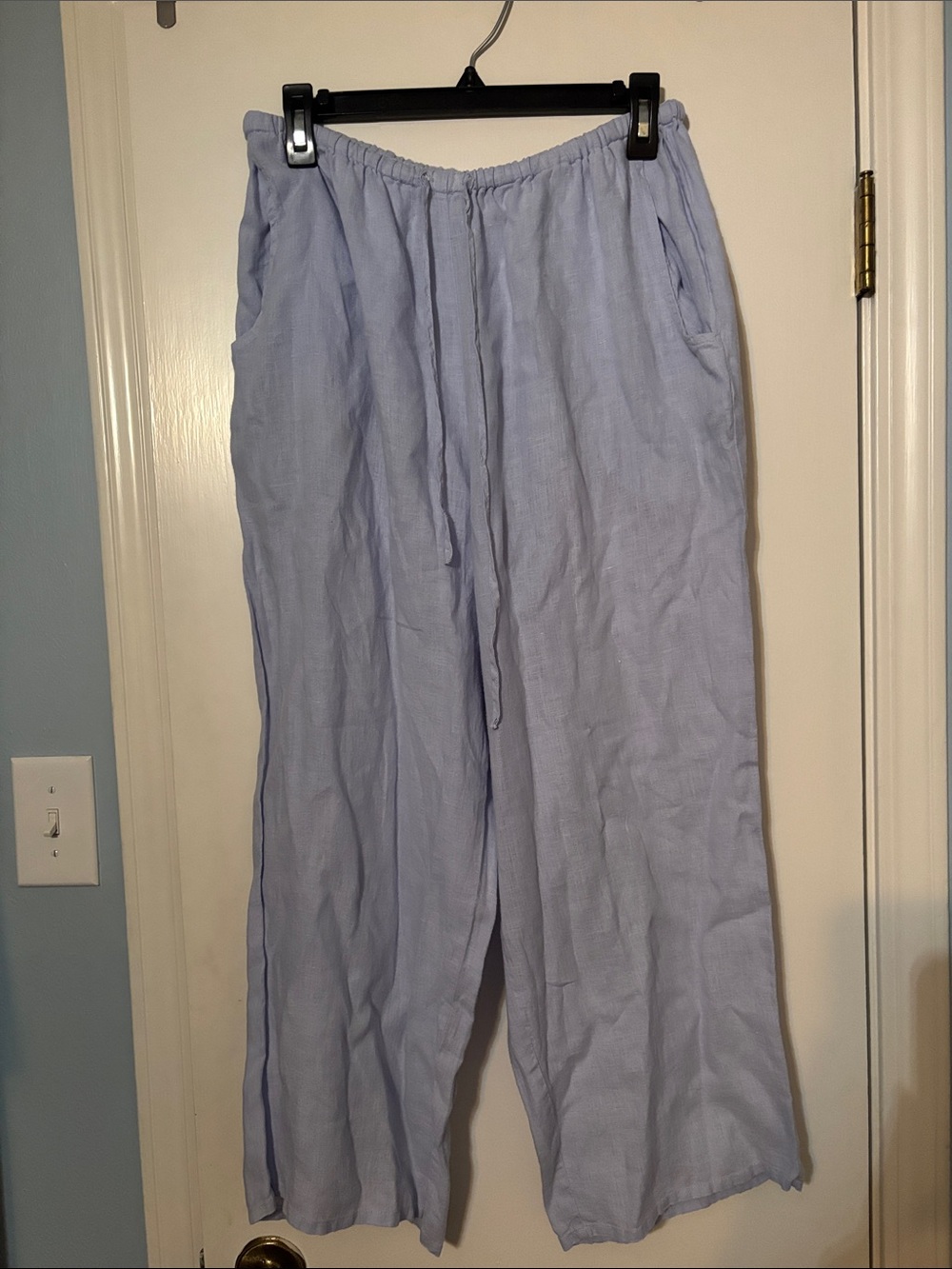 FLAX Light Blue Linen Blend Women’s Relaxed Drawstring/elastic Pants